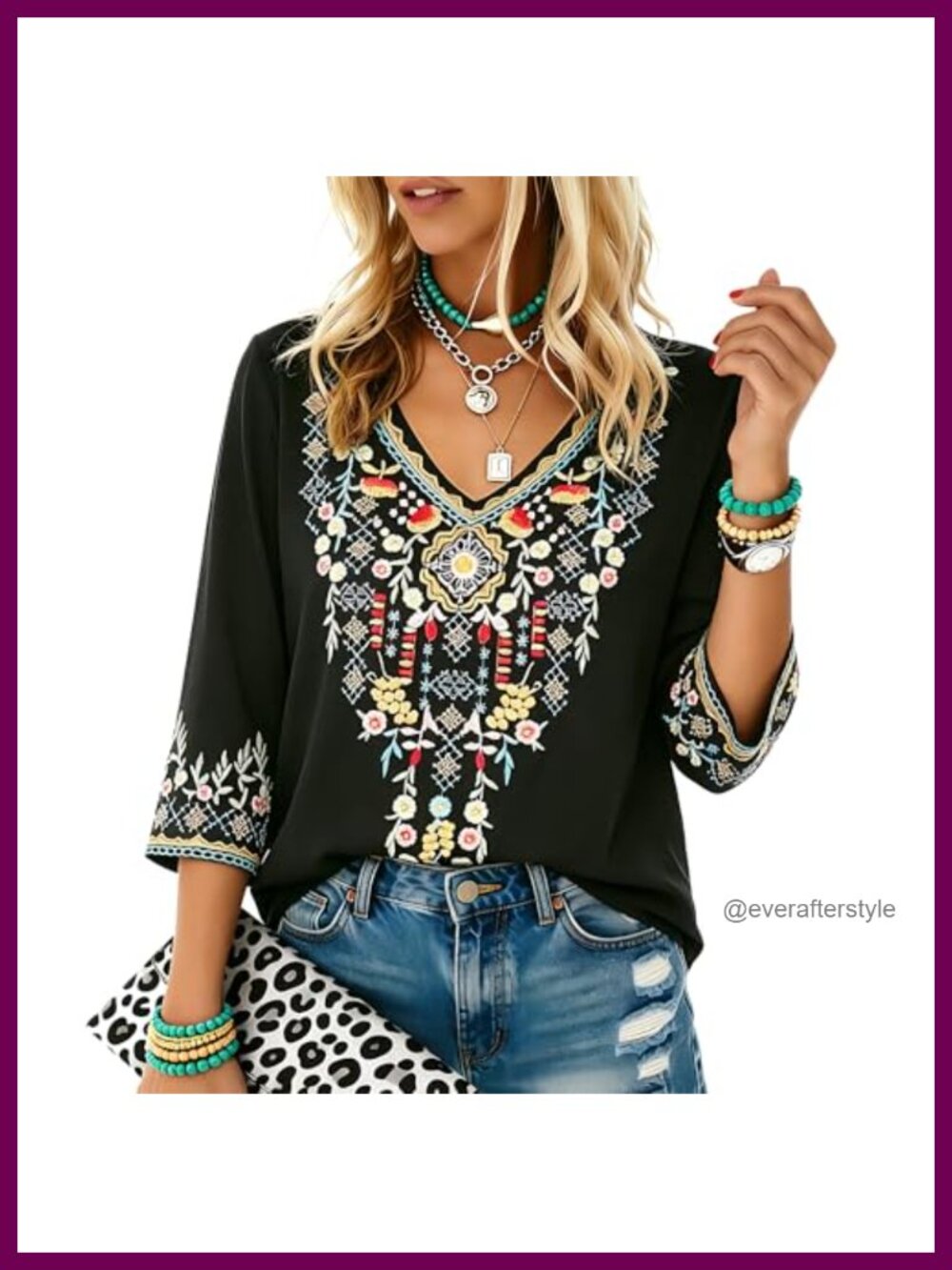 Mexican Embroidered Tunic Top V-Neck 3/4 Sleeve Boho Peasant Blouse